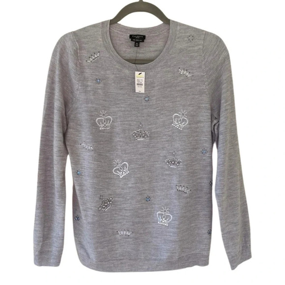 NWT, Talbots, 100% Merino Wool Crown Embellished Crew Sweater, Gray, Grey - Picture 3 of 9